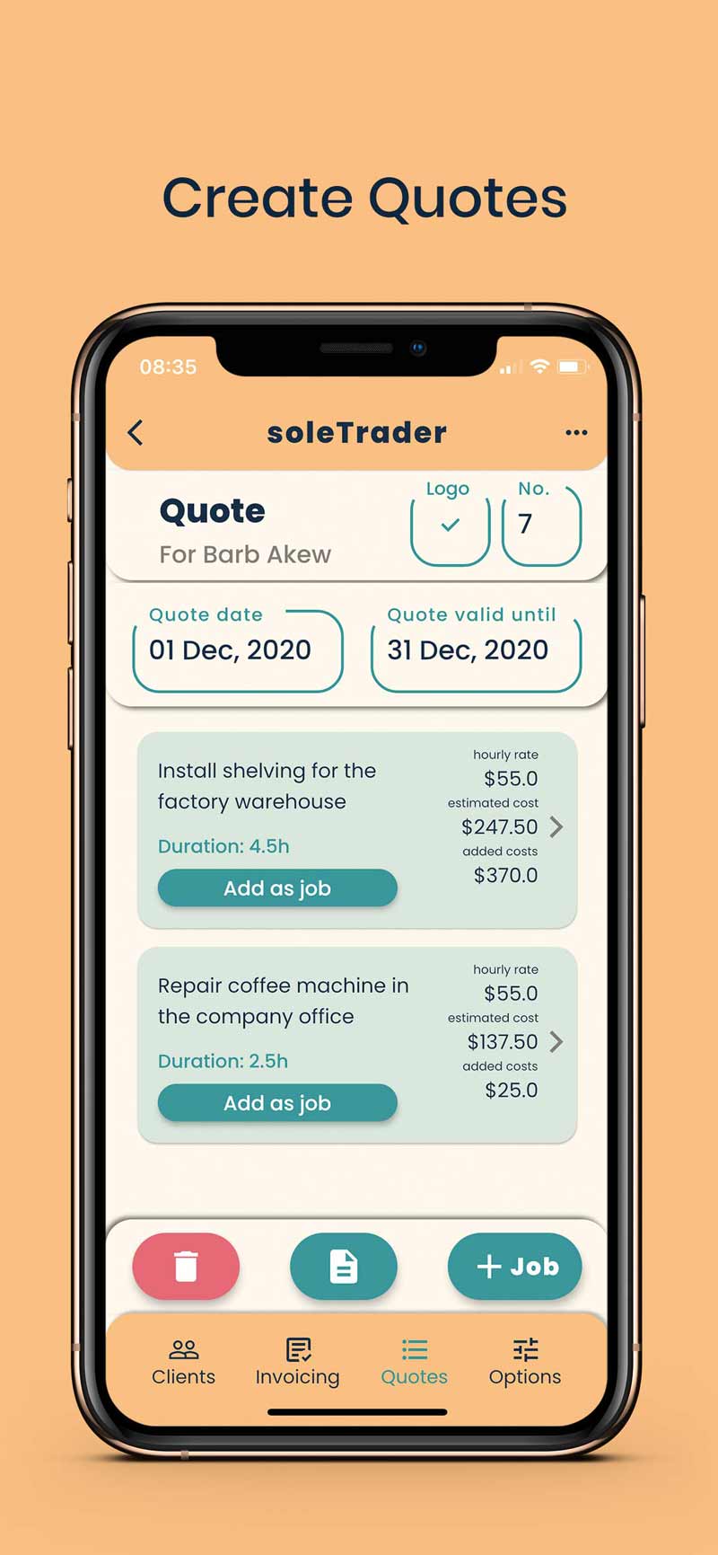 soletrader app quotes screen