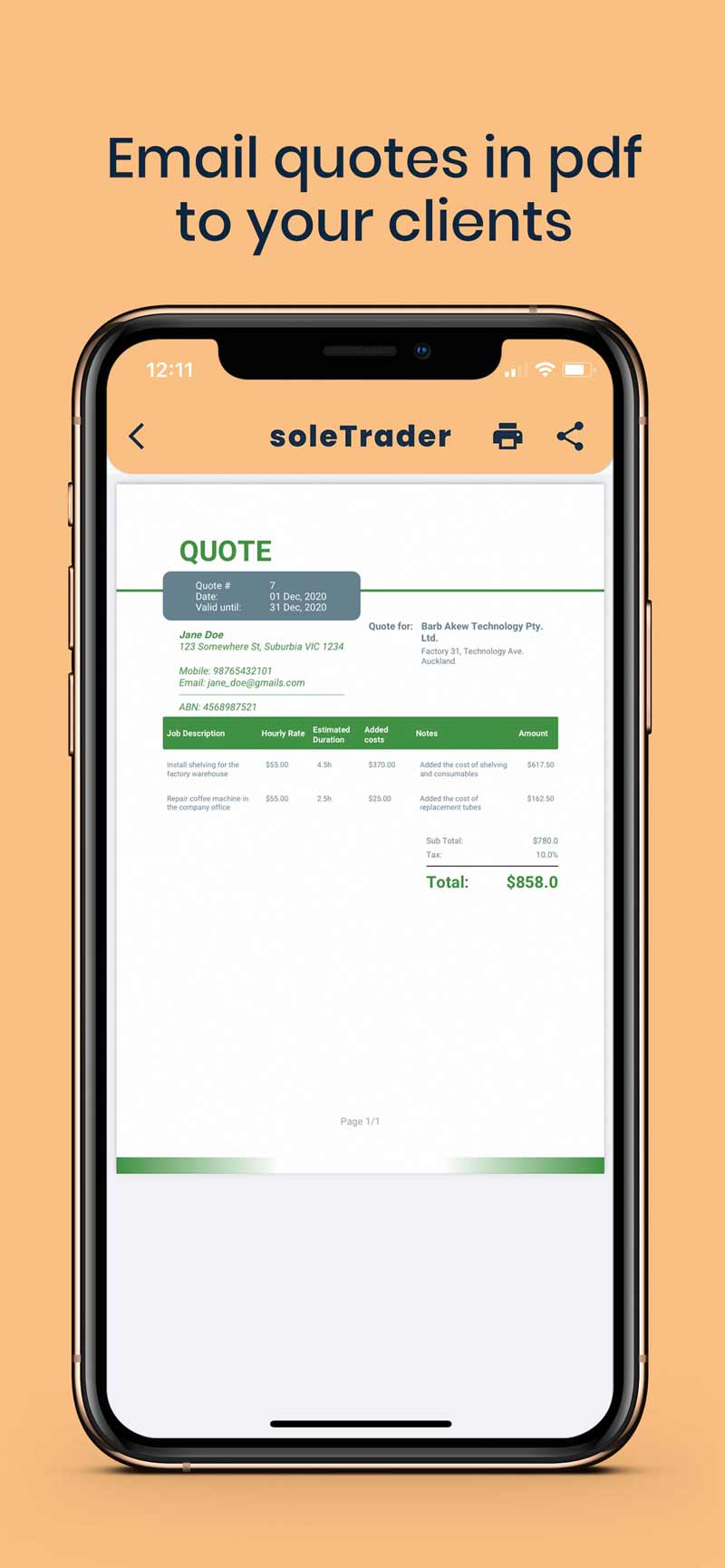 soletrader app generated quote screen