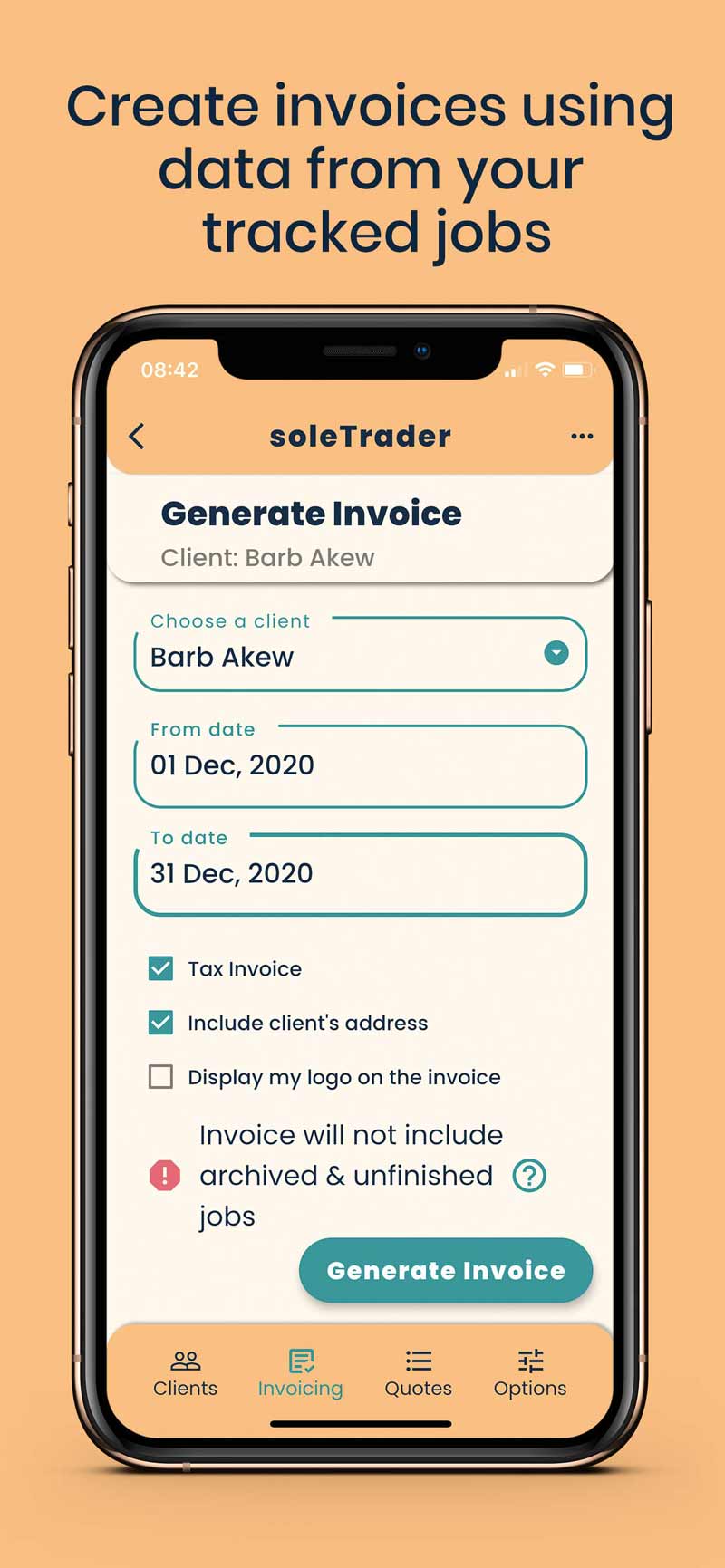 soletrader app generate invoice screen