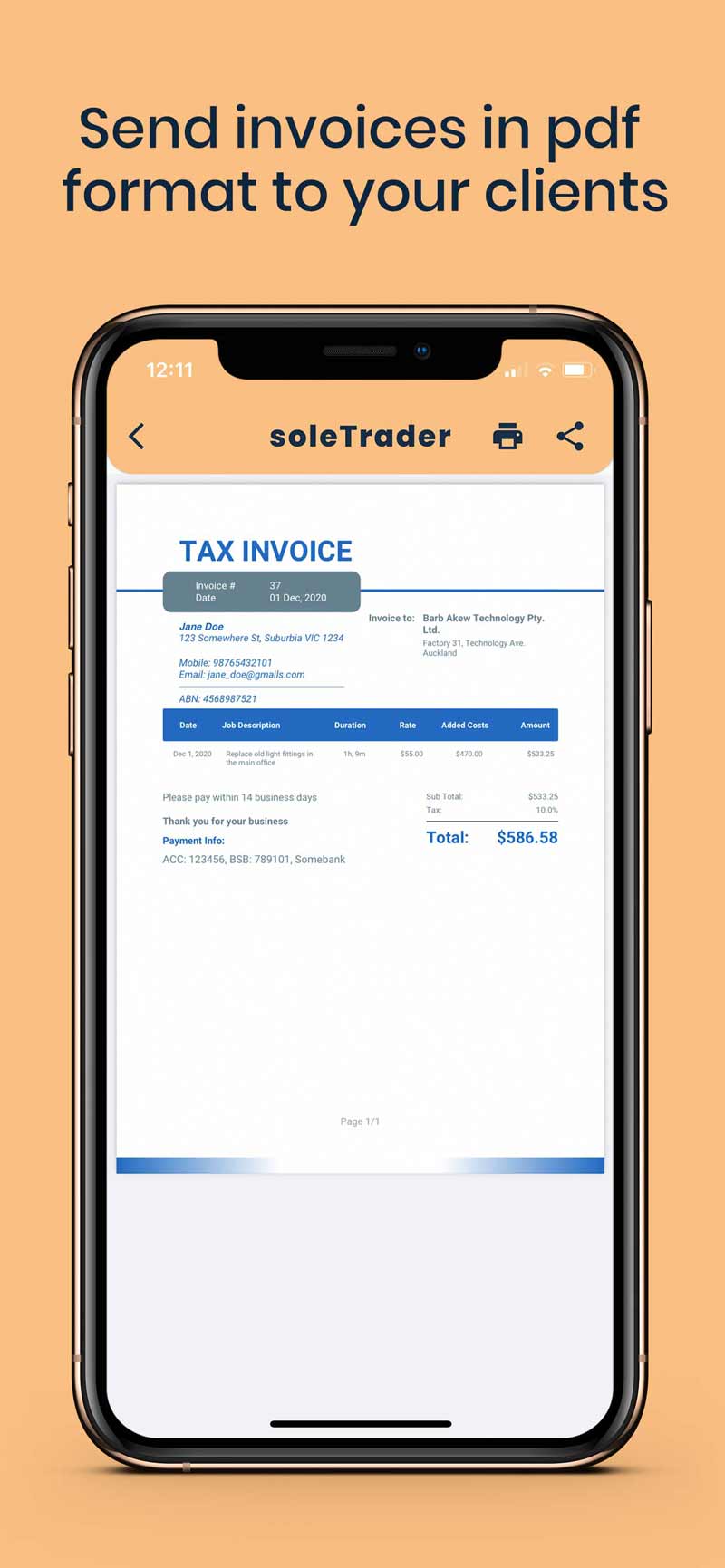 soletrader app invoice screen